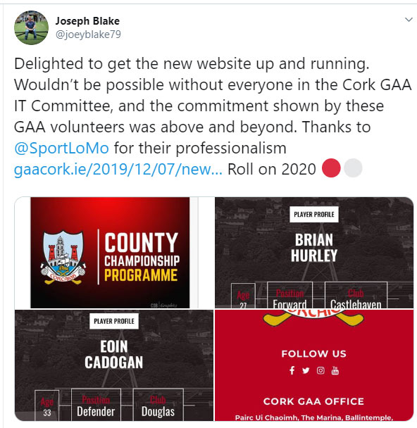 Joe Blake Cork GAA tweets about launch of Cork GAA new website