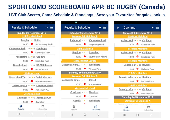 BC Rugby App Screenshot of App pages