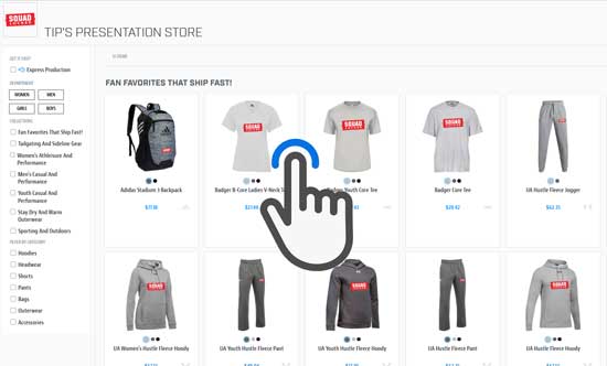 SquadLocker Sample Store with full selection of apparel 