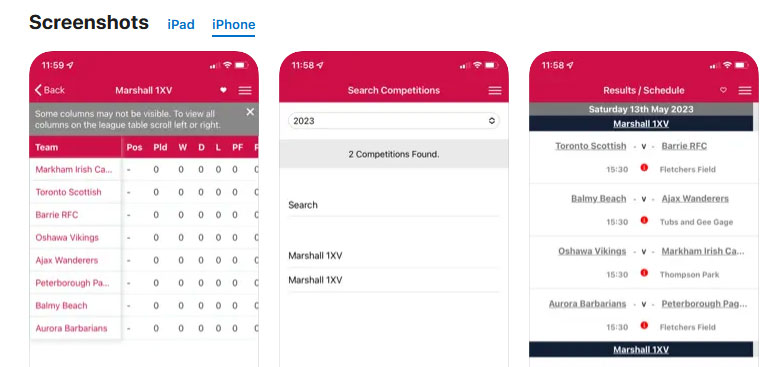 Rugby Ontario App Screenshots. Pre-season app