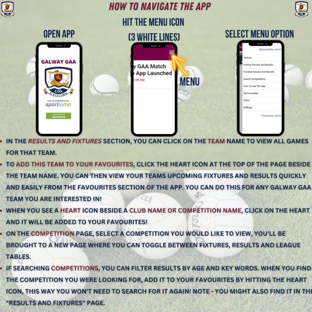 Instructions on how to navigate the Galway GAA app